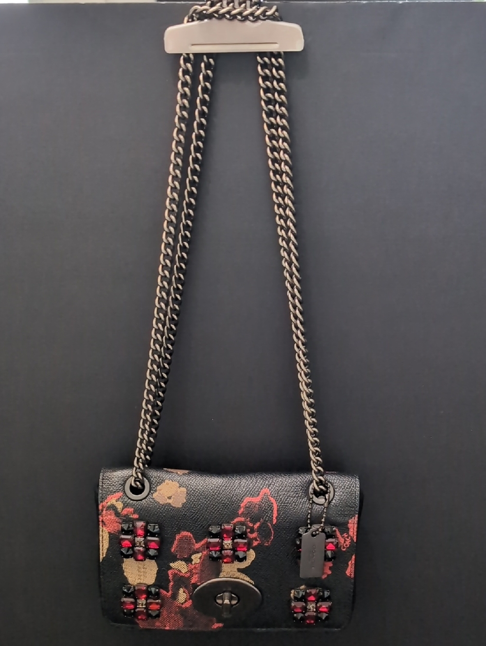 Coach , Black/Red Floral Jeweled Embossed Mini Chain Crossbody Bag.